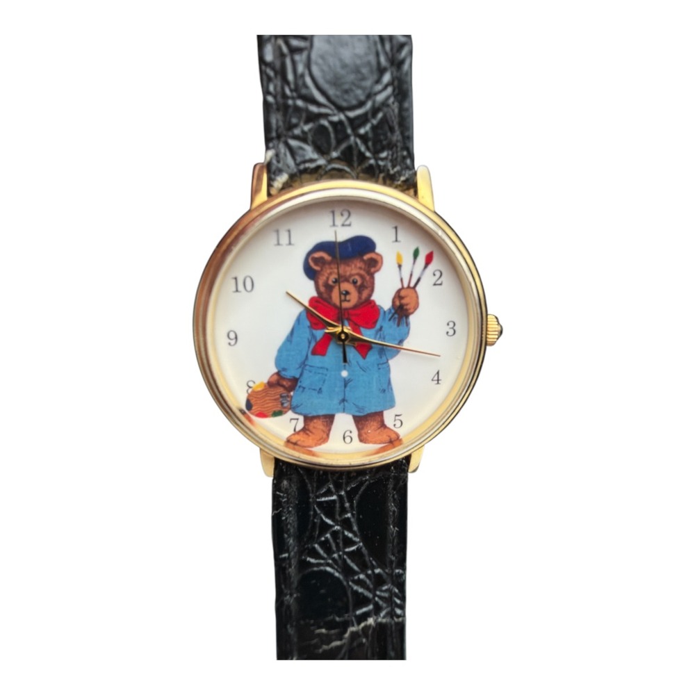 Novelty Watch Teddy Bear Painting Leather Band Untested